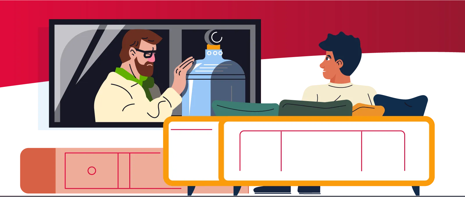 Illustration of a man sitting on a sofa and watching the breaking bad finale on his tv.